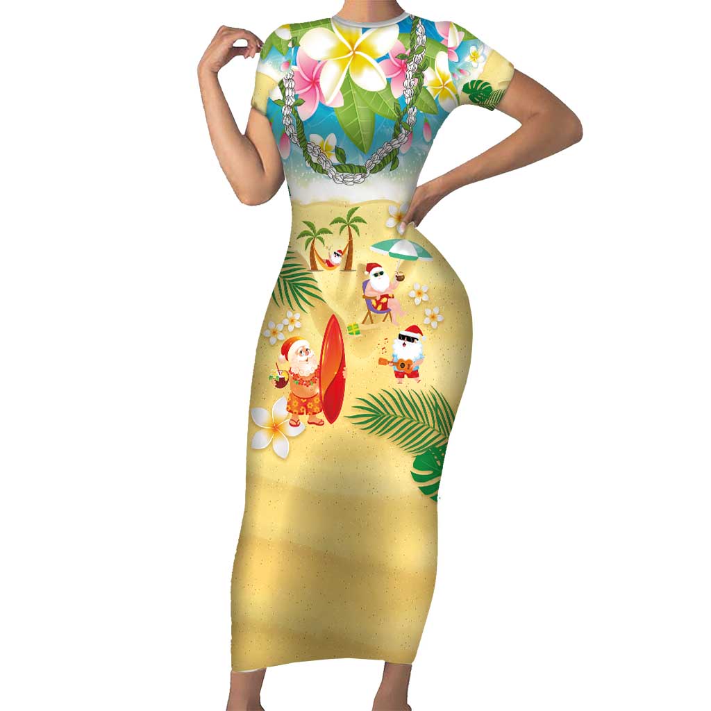 Hawaiian Mele Kalikimaka Short Sleeve Bodycon Dress Tropical Plumeria and Lei Funny Santa Beach LT03 Long Dress Multicolor - Polynesian Pride