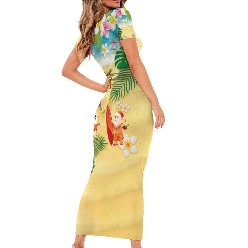 Hawaiian Mele Kalikimaka Short Sleeve Bodycon Dress Tropical Plumeria and Lei Funny Santa Beach LT03 - Polynesian Pride