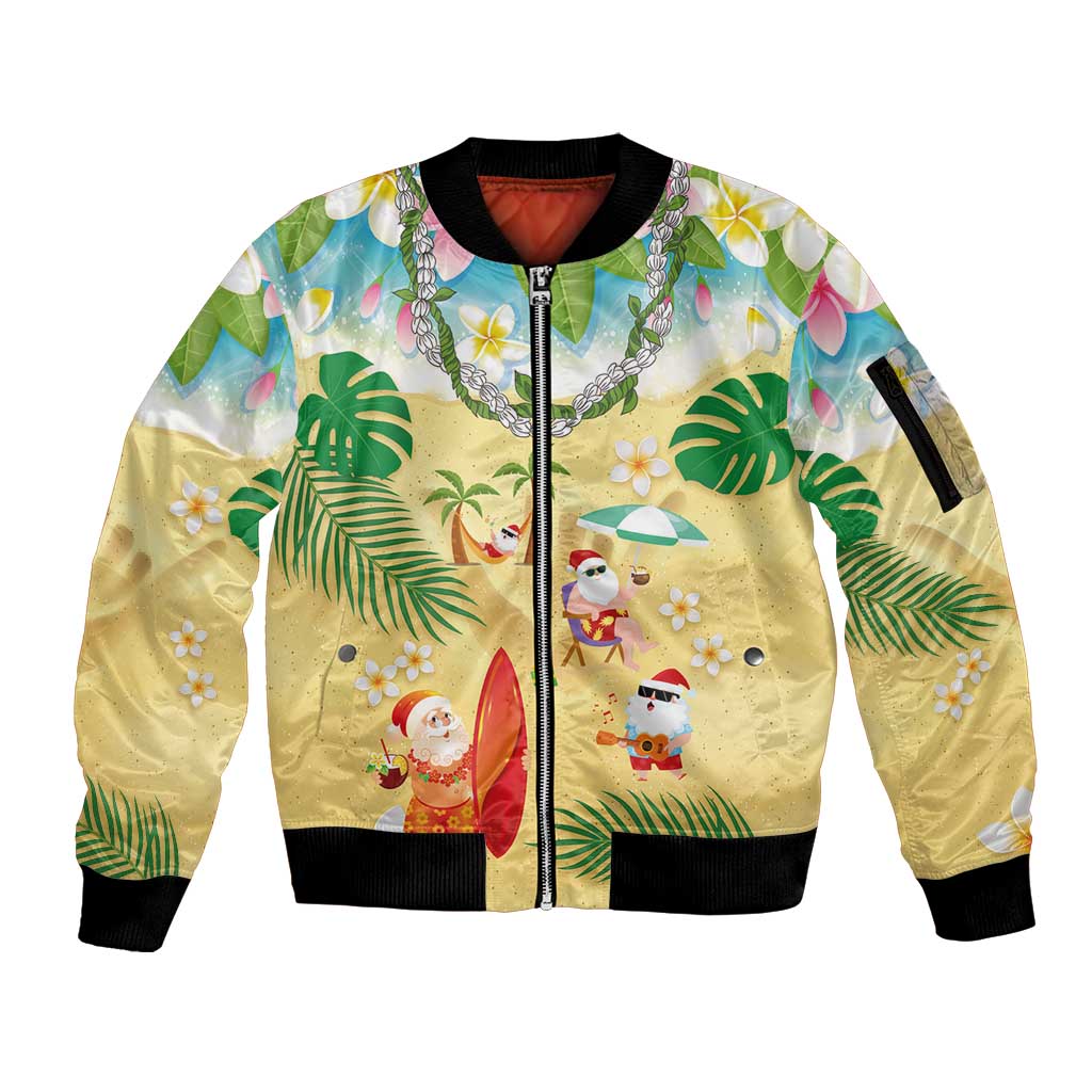 Hawaiian Mele Kalikimaka Sleeve Zip Bomber Jacket Tropical Plumeria and Lei Funny Santa Beach LT03 Unisex Multicolor - Polynesian Pride