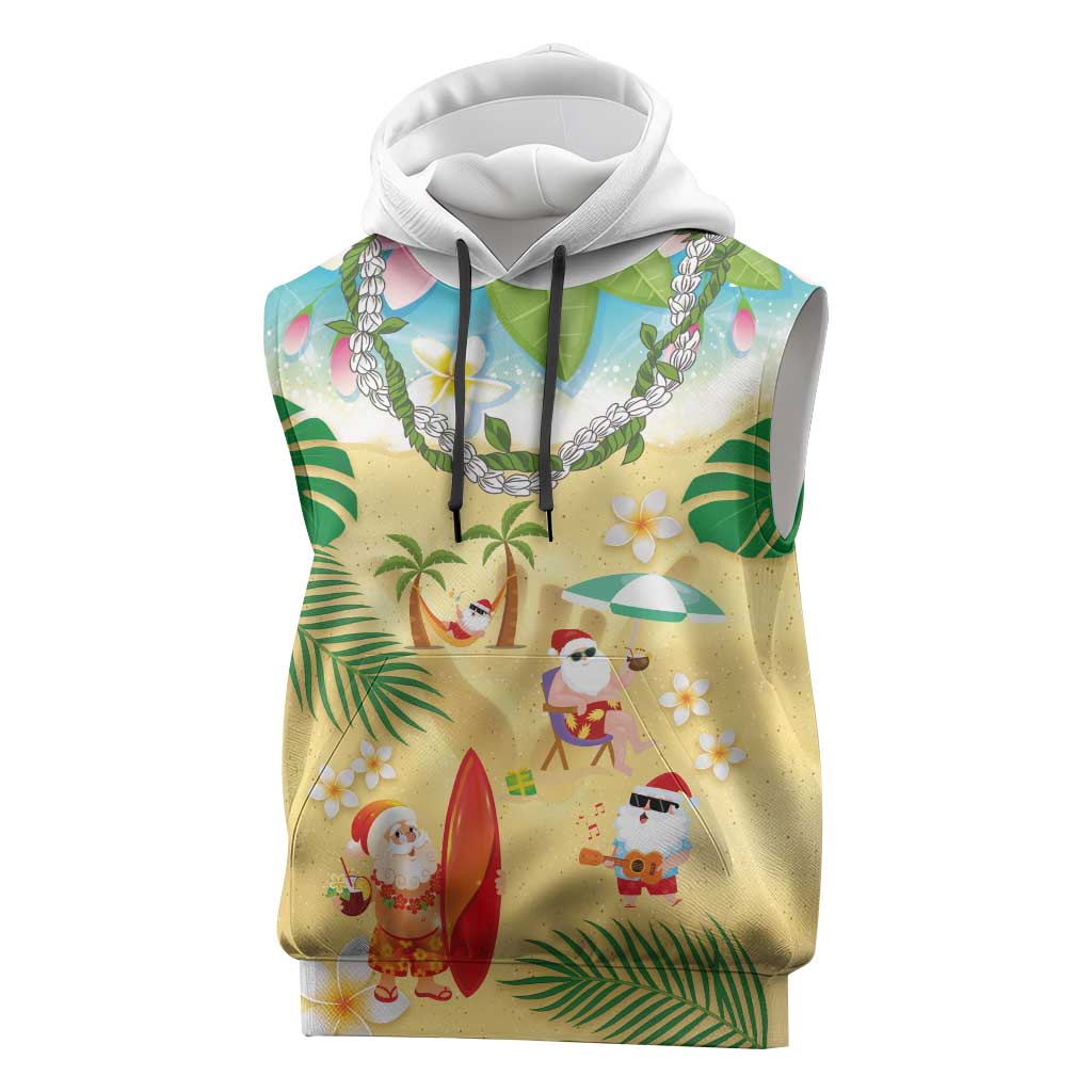 Hawaiian Mele Kalikimaka Sleeveless Hoodie Tropical Plumeria and Lei Funny Santa Beach LT03 Multicolor - Polynesian Pride