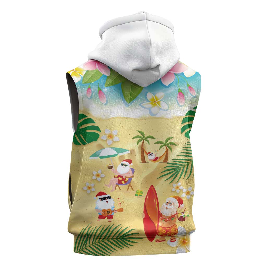 Hawaiian Mele Kalikimaka Sleeveless Hoodie Tropical Plumeria and Lei Funny Santa Beach LT03 - Polynesian Pride