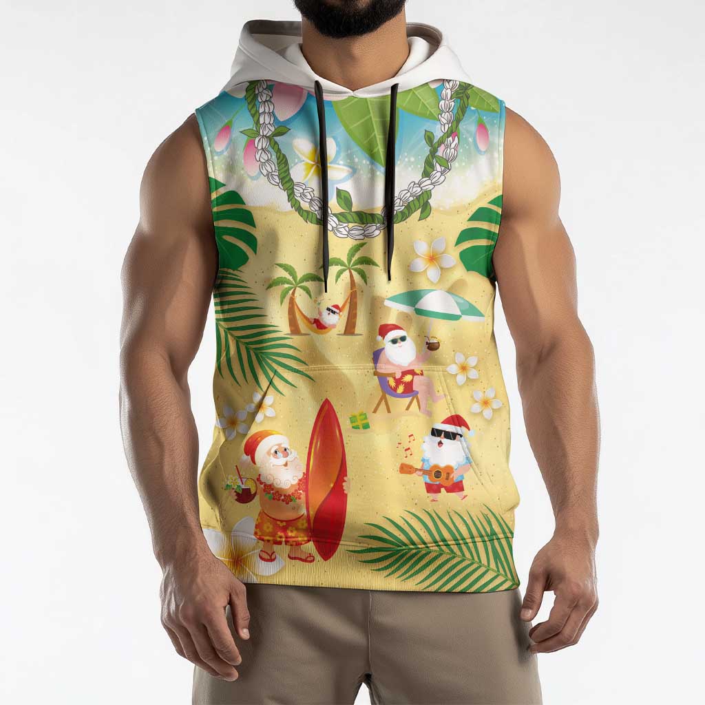 Hawaiian Mele Kalikimaka Sleeveless Hoodie Tropical Plumeria and Lei Funny Santa Beach LT03 - Polynesian Pride