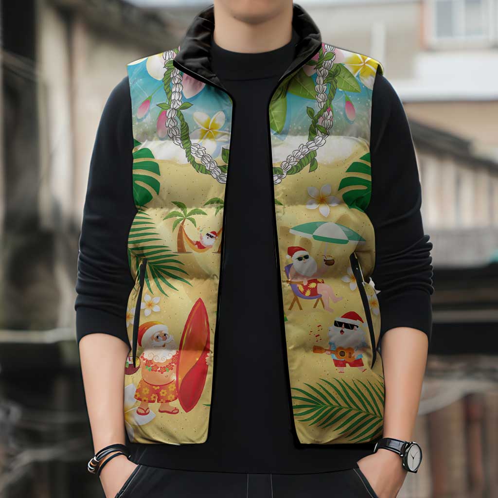 Hawaiian Mele Kalikimaka Sleeveless Puffer Jacket Tropical Plumeria and Lei Funny Santa Beach LT03 - Polynesian Pride