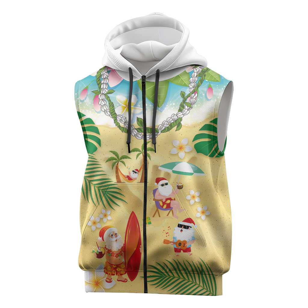 Hawaiian Mele Kalikimaka Sleeveless Zip Hoodie Tropical Plumeria and Lei Funny Santa Beach - Polynesian Pride