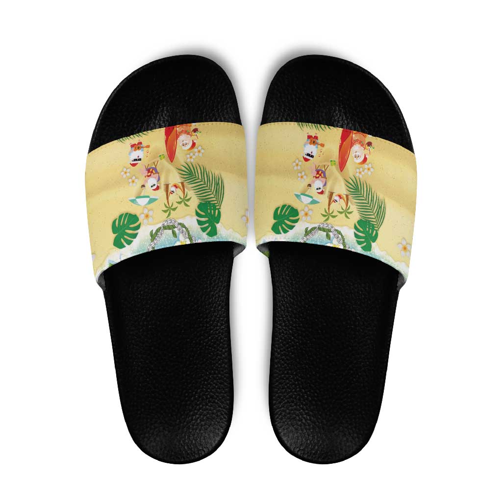 Hawaiian Mele Kalikimaka Slide Sandals Tropical Plumeria and Lei Funny Santa Beach LT03 Multicolor - Polynesian Pride
