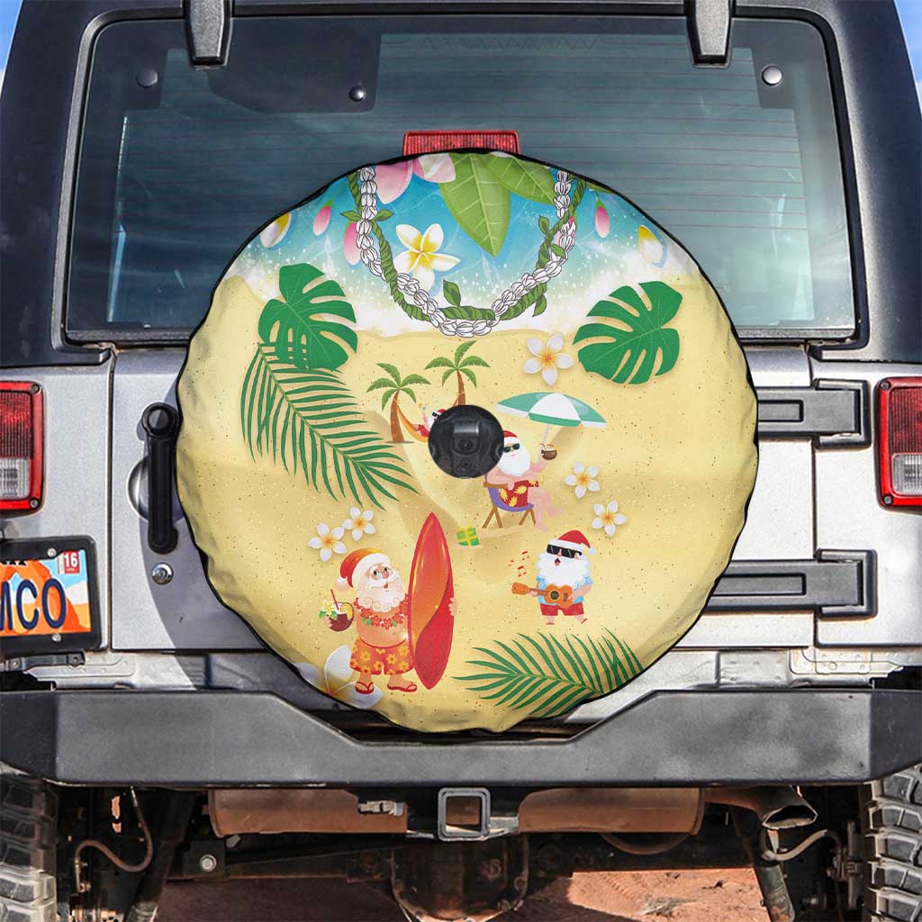 Hawaiian Mele Kalikimaka Spare Tire Cover Tropical Plumeria and Lei Funny Santa Beach LT03 Multicolor - Polynesian Pride