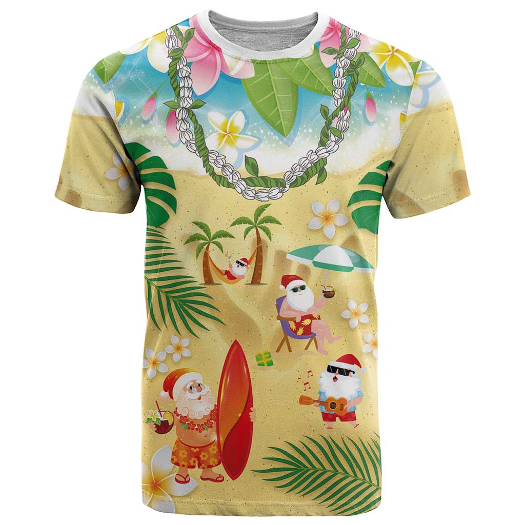 Hawaiian Mele Kalikimaka T Shirt Tropical Plumeria and Lei Funny Santa Beach LT03 Multicolor - Polynesian Pride