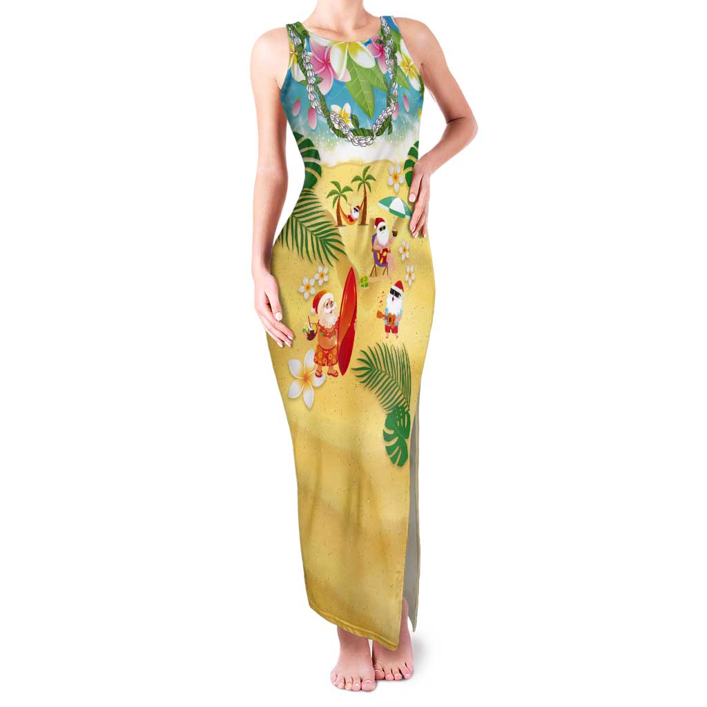 Hawaiian Mele Kalikimaka Tank Maxi Dress Tropical Plumeria and Lei Funny Santa Beach LT03 Women Multicolor - Polynesian Pride