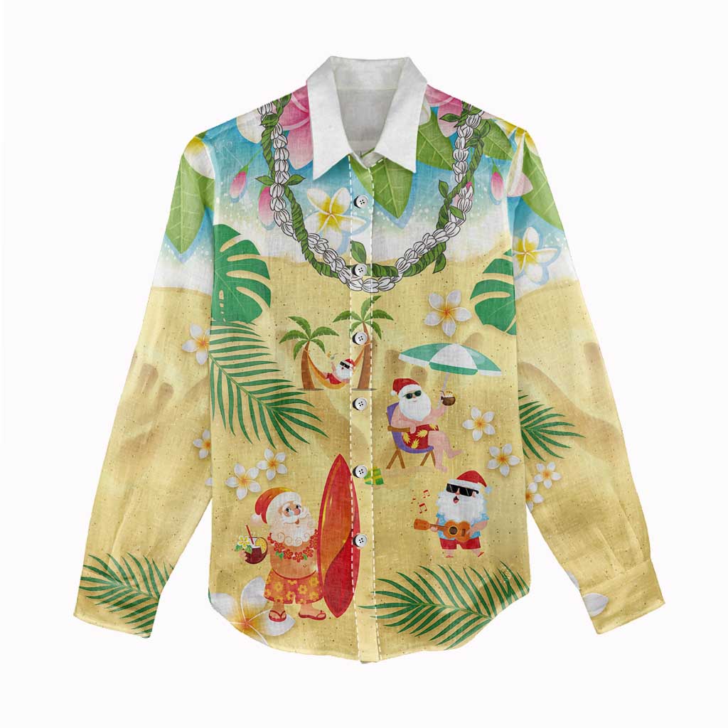 Hawaiian Mele Kalikimaka Women Casual Shirt Tropical Plumeria and Lei Funny Santa Beach - Polynesian Pride