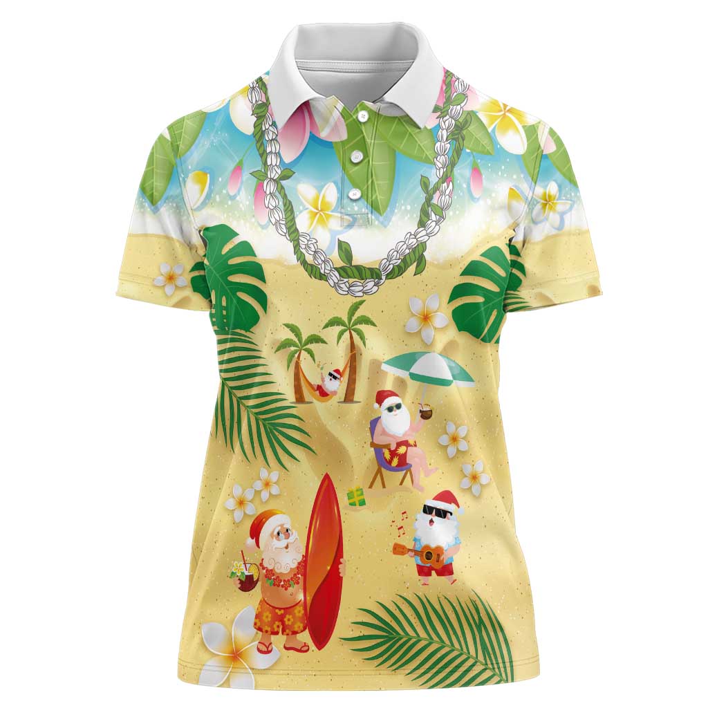 Hawaiian Mele Kalikimaka Women Polo Shirt Tropical Plumeria and Lei Funny Santa Beach - Polynesian Pride
