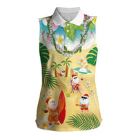 Hawaiian Mele Kalikimaka Women Sleeveless Polo Shirt Tropical Plumeria and Lei Funny Santa Beach LT03 Female Multicolor - Polynesian Pride