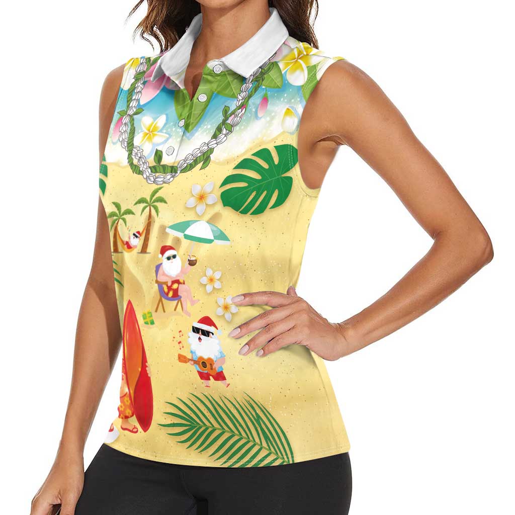 Hawaiian Mele Kalikimaka Women Sleeveless Polo Shirt Tropical Plumeria and Lei Funny Santa Beach LT03 - Polynesian Pride
