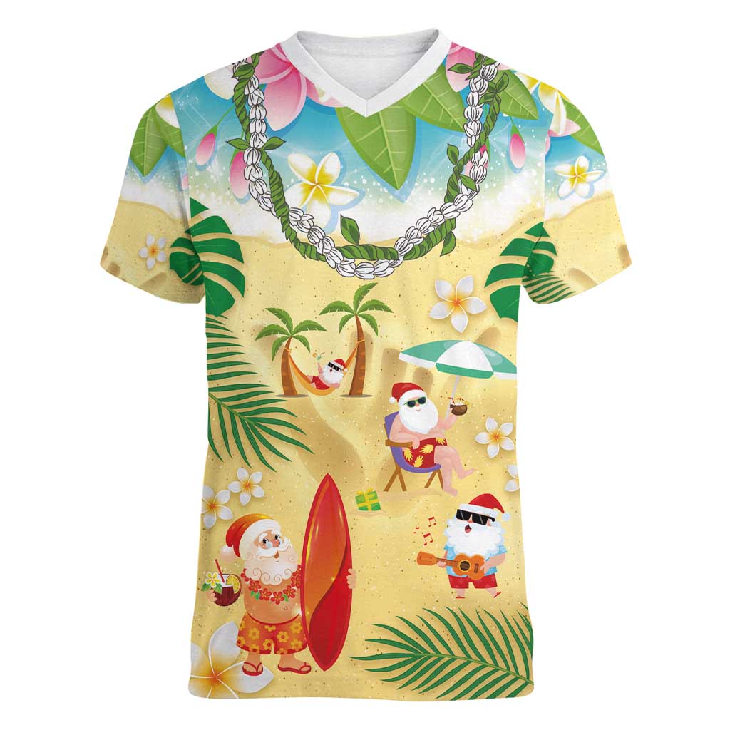 Hawaiian Mele Kalikimaka Women V-Neck T-Shirt Tropical Plumeria and Lei Funny Santa Beach LT03 Female Multicolor - Polynesian Pride