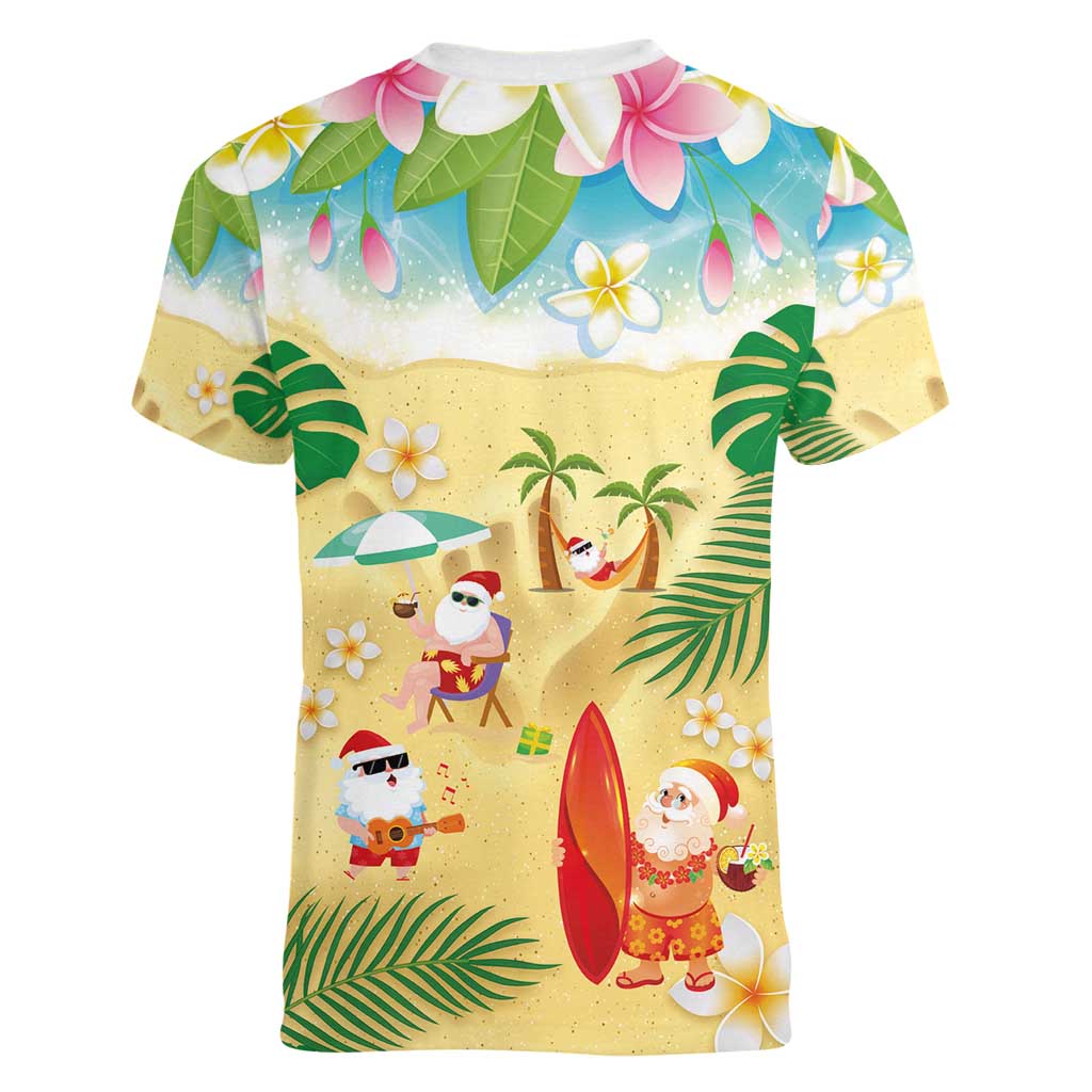 Hawaiian Mele Kalikimaka Women V-Neck T-Shirt Tropical Plumeria and Lei Funny Santa Beach LT03 - Polynesian Pride