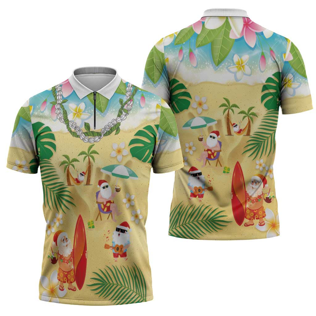 Hawaiian Mele Kalikimaka Zipper Polo Shirt Tropical Plumeria and Lei Funny Santa Beach LT03 - Polynesian Pride