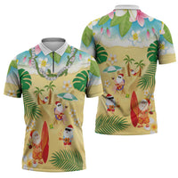 Hawaiian Mele Kalikimaka Zipper Polo Shirt Tropical Plumeria and Lei Funny Santa Beach LT03 - Polynesian Pride