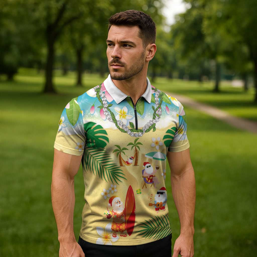 Hawaiian Mele Kalikimaka Zipper Polo Shirt Tropical Plumeria and Lei Funny Santa Beach LT03 - Polynesian Pride