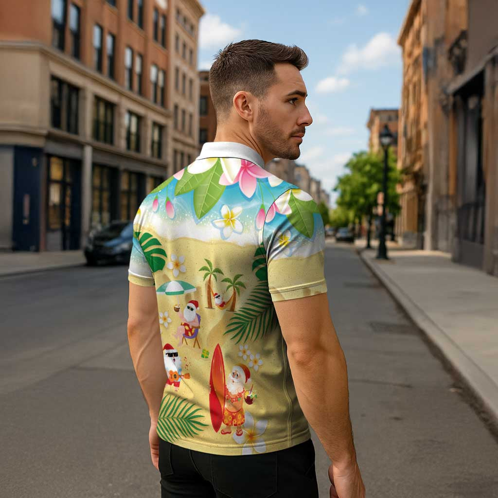 Hawaiian Mele Kalikimaka Zipper Polo Shirt Tropical Plumeria and Lei Funny Santa Beach LT03 - Polynesian Pride