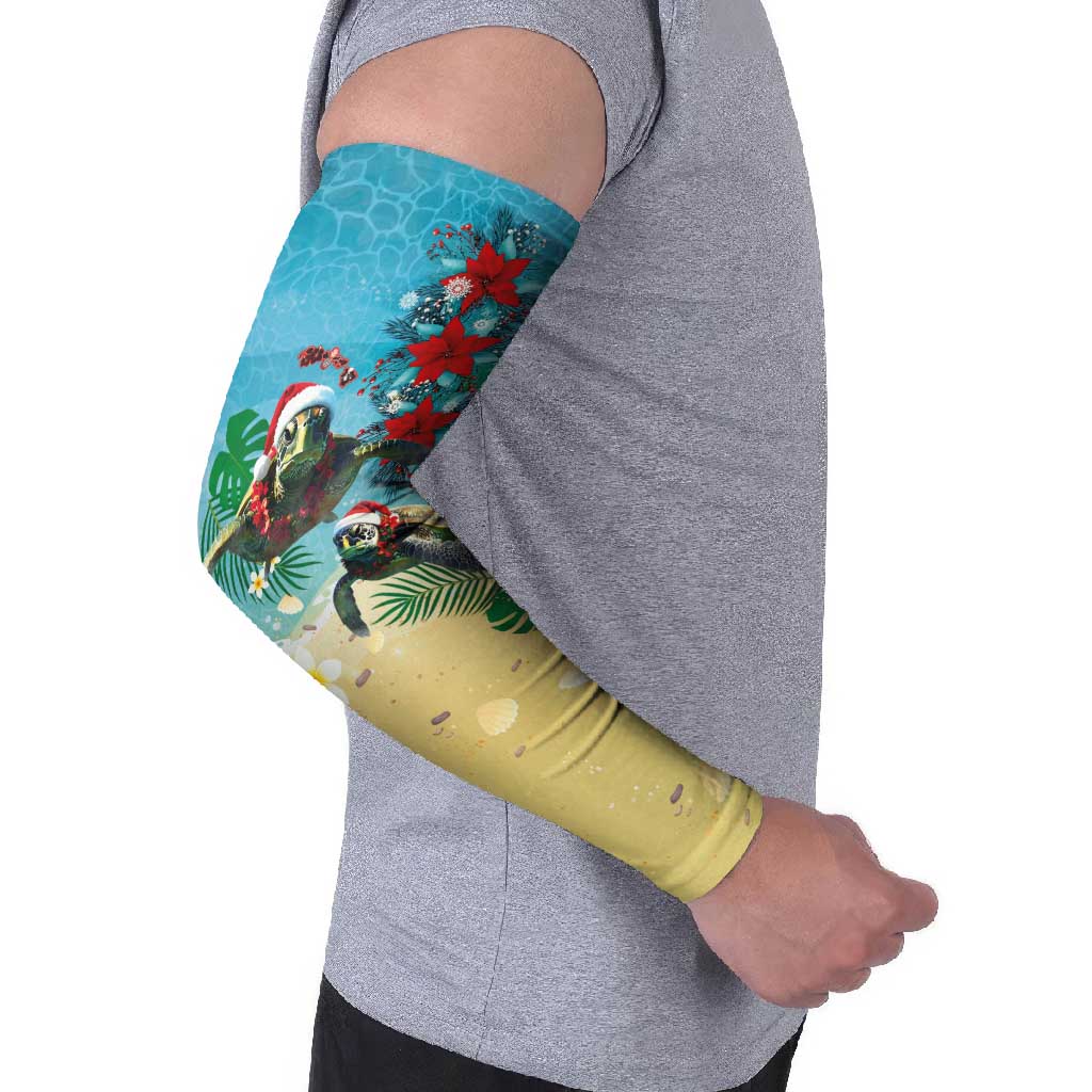 Hawaiian Mele Kalikimaka Arm Sleeves Tropical Xmas Turtles Red Poinsettia Watercolor LT03 - Polynesian Pride