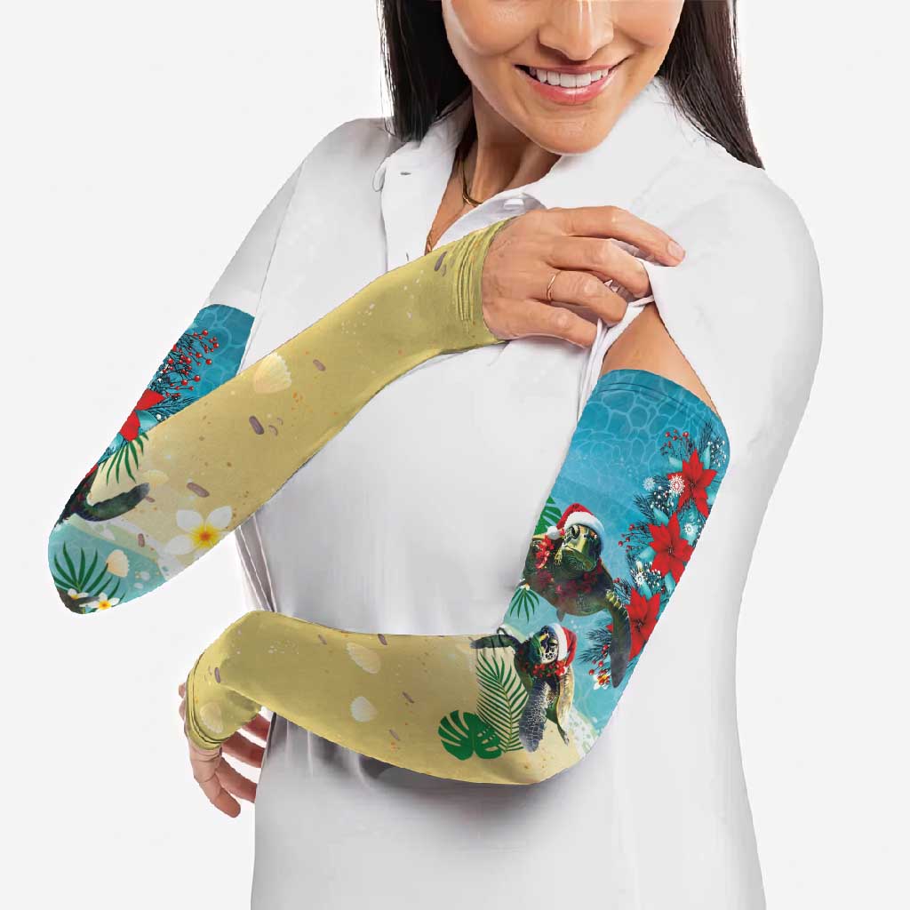 Hawaiian Mele Kalikimaka Arm Sleeves Tropical Xmas Turtles Red Poinsettia Watercolor LT03 - Polynesian Pride