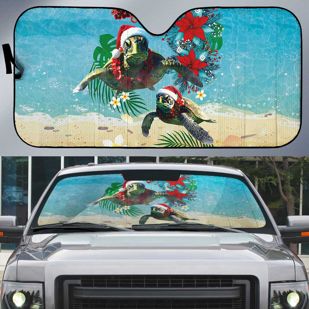 Hawaiian Mele Kalikimaka Auto Sun Shade Tropical Xmas Turtles Red Poinsettia Watercolor LT03 Multicolor - Polynesian Pride