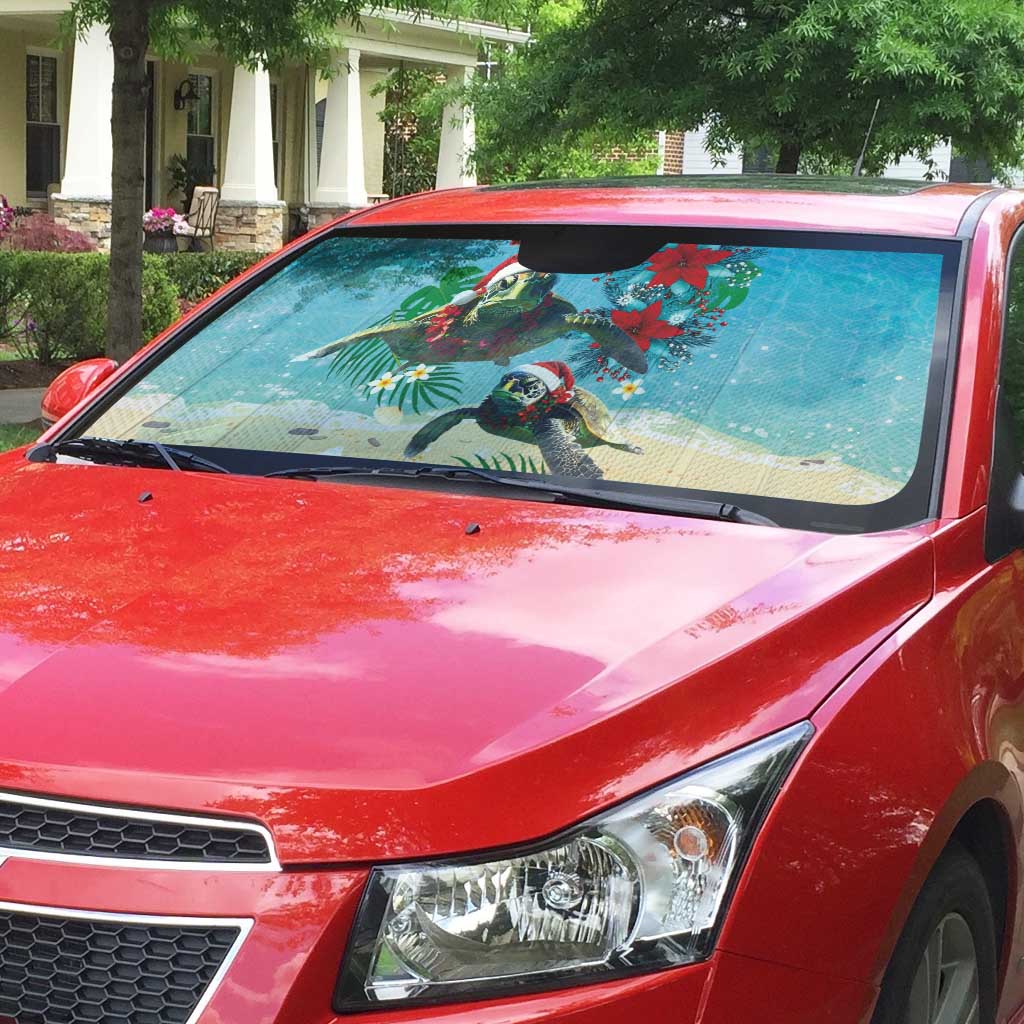Hawaiian Mele Kalikimaka Auto Sun Shade Tropical Xmas Turtles Red Poinsettia Watercolor LT03 - Polynesian Pride