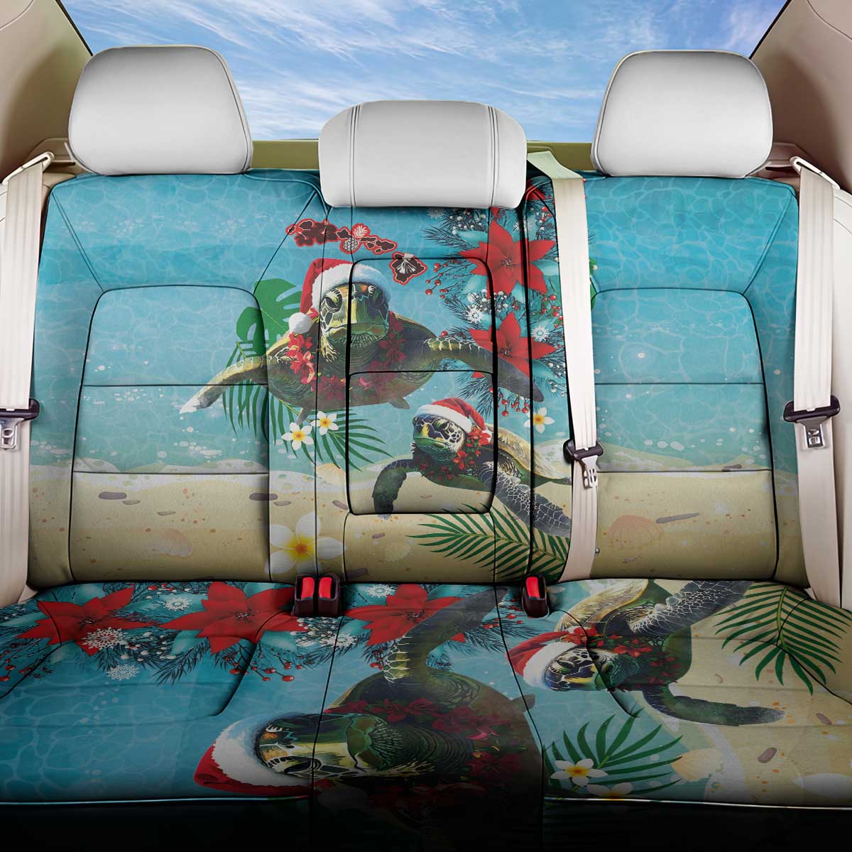 Hawaiian Mele Kalikimaka Back Car Seat Cover Tropical Xmas Turtles Red Poinsettia Watercolor LT03 One Size Multicolor - Polynesian Pride