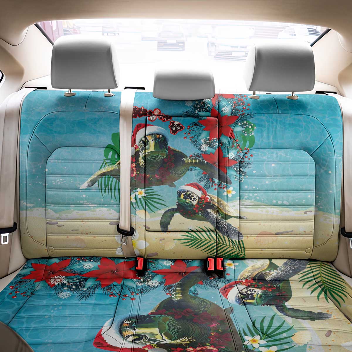 Hawaiian Mele Kalikimaka Back Car Seat Cover Tropical Xmas Turtles Red Poinsettia Watercolor LT03 - Polynesian Pride
