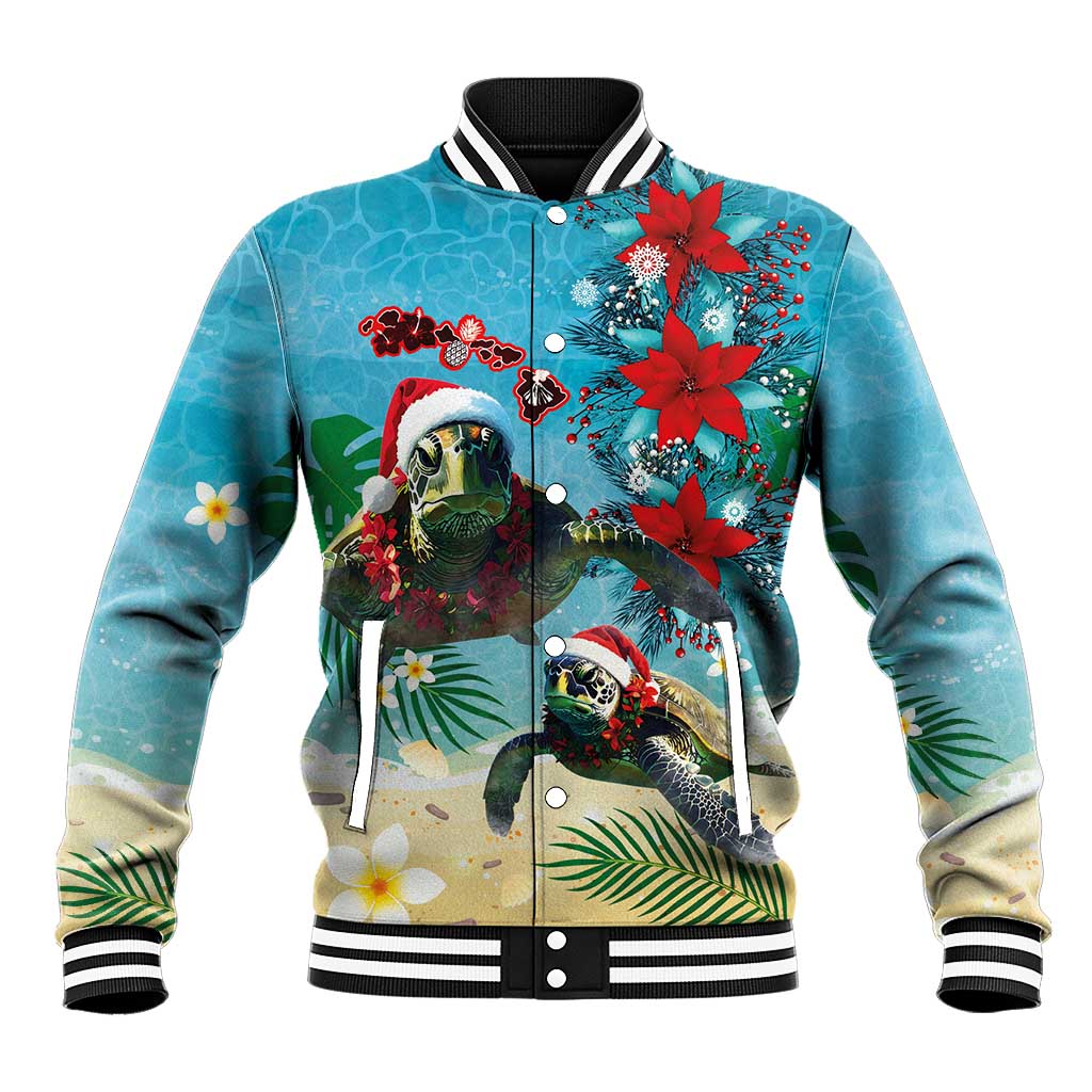 Hawaiian Mele Kalikimaka Baseball Jacket Tropical Xmas Turtles Red Poinsettia Watercolor LT03 Unisex Multicolor - Polynesian Pride
