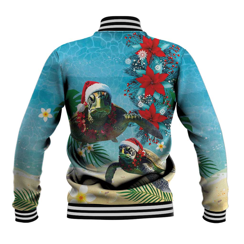 Hawaiian Mele Kalikimaka Baseball Jacket Tropical Xmas Turtles Red Poinsettia Watercolor LT03 - Polynesian Pride