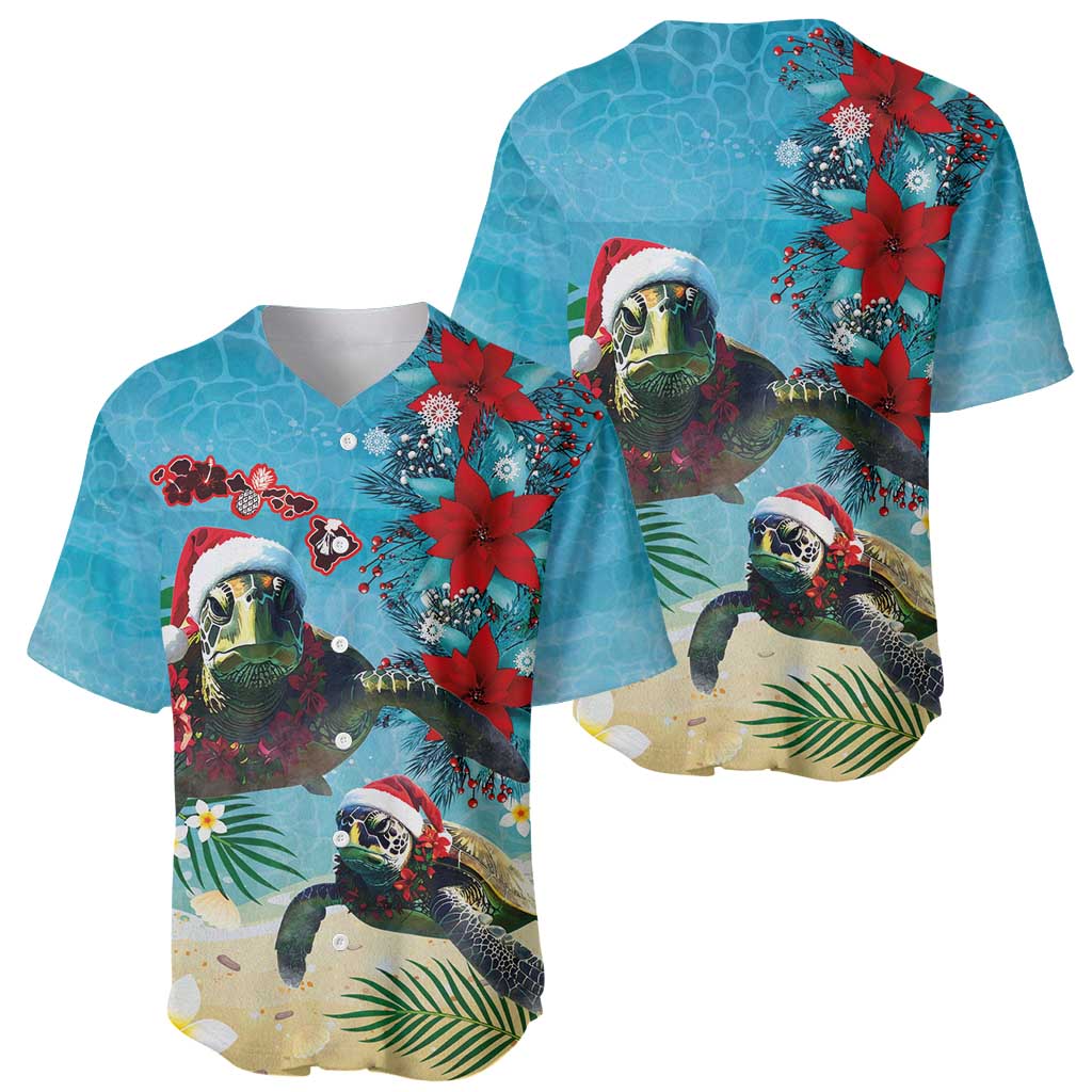 Hawaiian Mele Kalikimaka Baseball Jersey Tropical Xmas Turtles Red Poinsettia Watercolor LT03 - Polynesian Pride