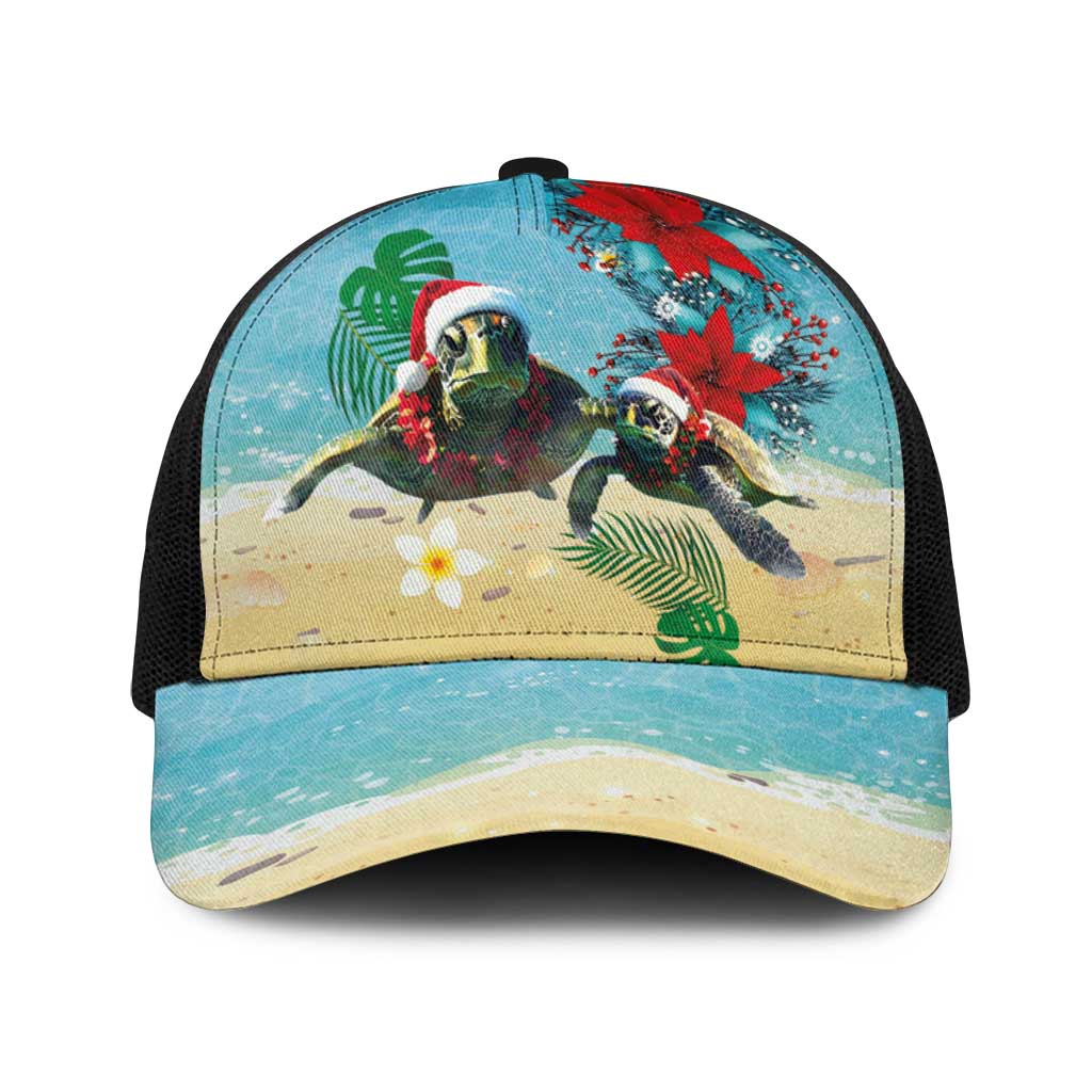 Hawaiian Mele Kalikimaka Baseball Net Cap Xmas Turtles and Tropical Plants with Red Poinsettia Watercolor Style - Polynesian Pride