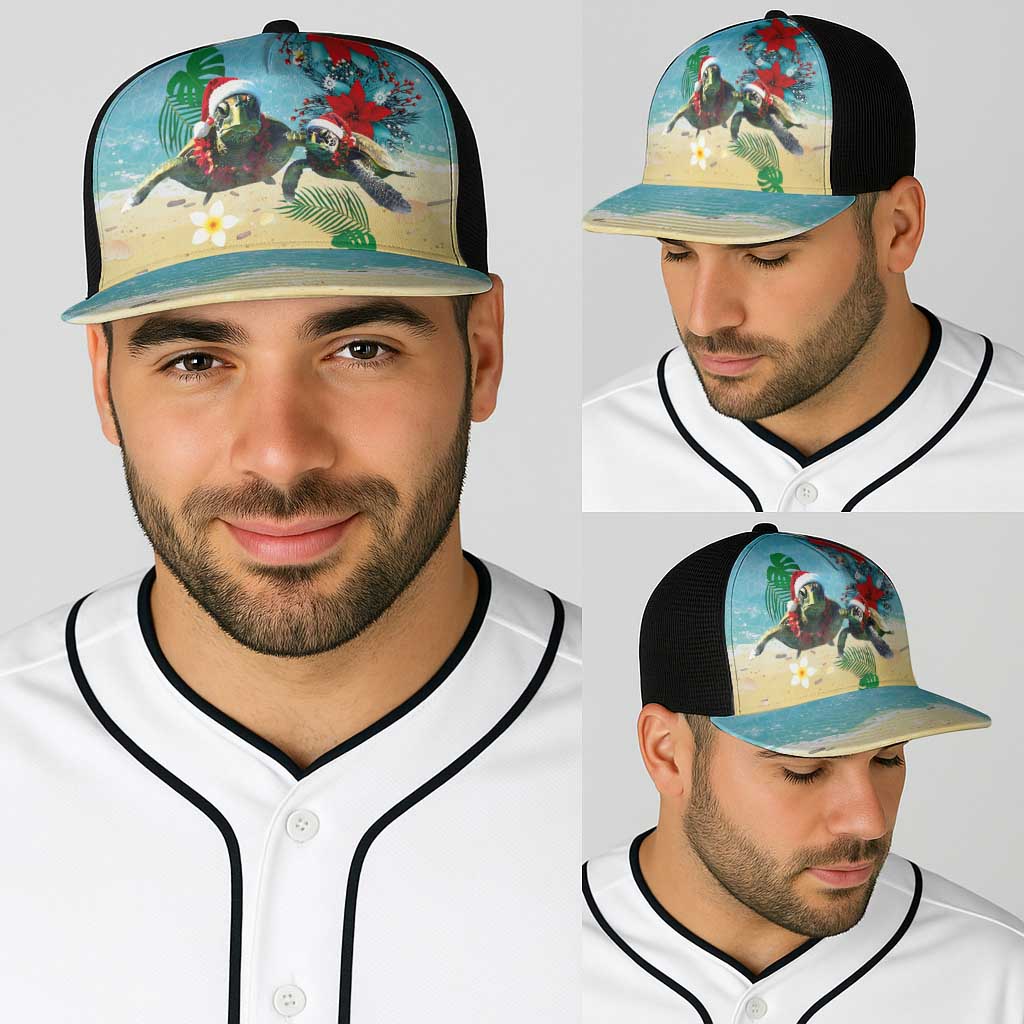 Hawaiian Mele Kalikimaka Baseball Net Cap Xmas Turtles and Tropical Plants with Red Poinsettia Watercolor Style LT03 - Polynesian Pride