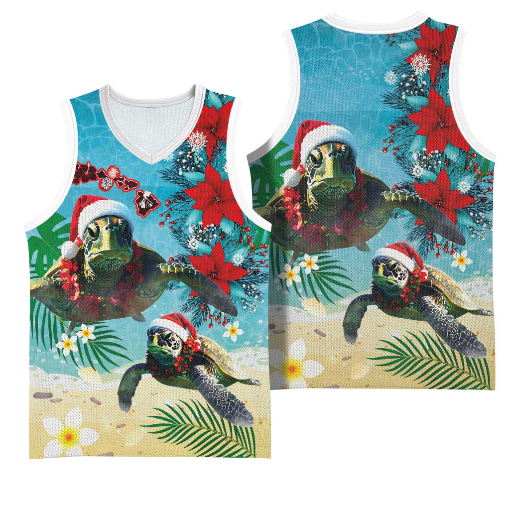 Hawaiian Mele Kalikimaka Basketball Jersey Tropical Xmas Turtles Red Poinsettia Watercolor LT03 - Polynesian Pride