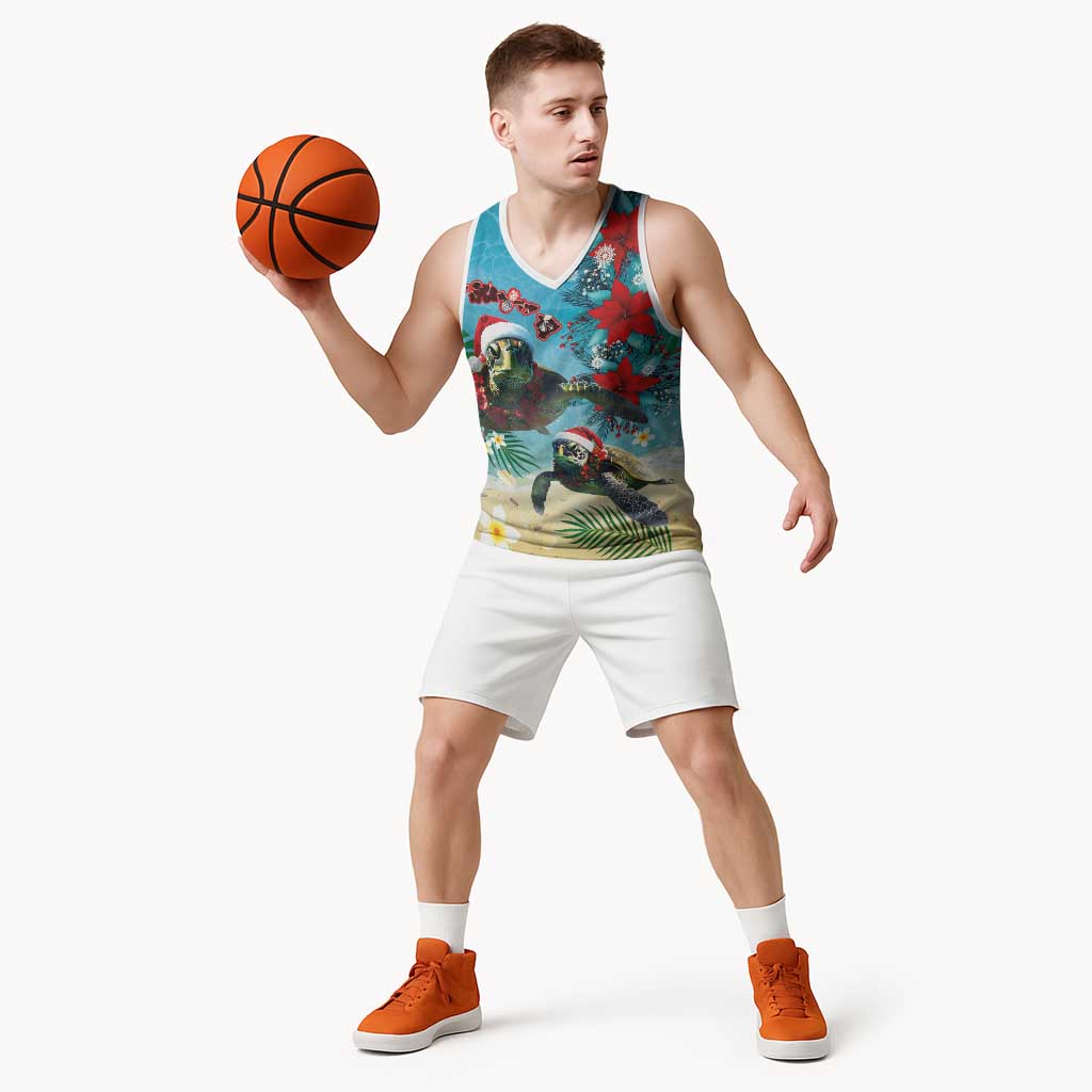 Hawaiian Mele Kalikimaka Basketball Jersey Tropical Xmas Turtles Red Poinsettia Watercolor LT03 - Polynesian Pride