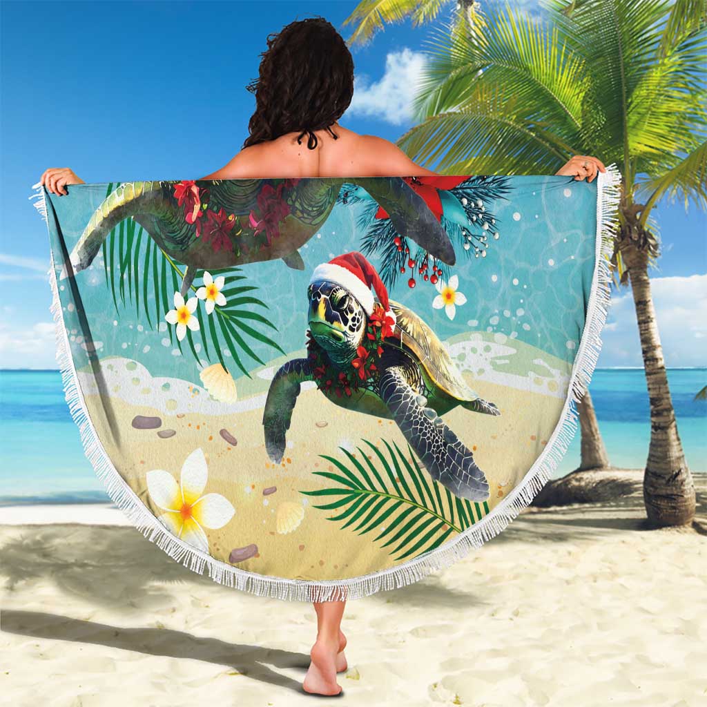 Hawaiian Mele Kalikimaka Beach Blanket Tropical Xmas Turtles Red Poinsettia Watercolor LT03 - Polynesian Pride
