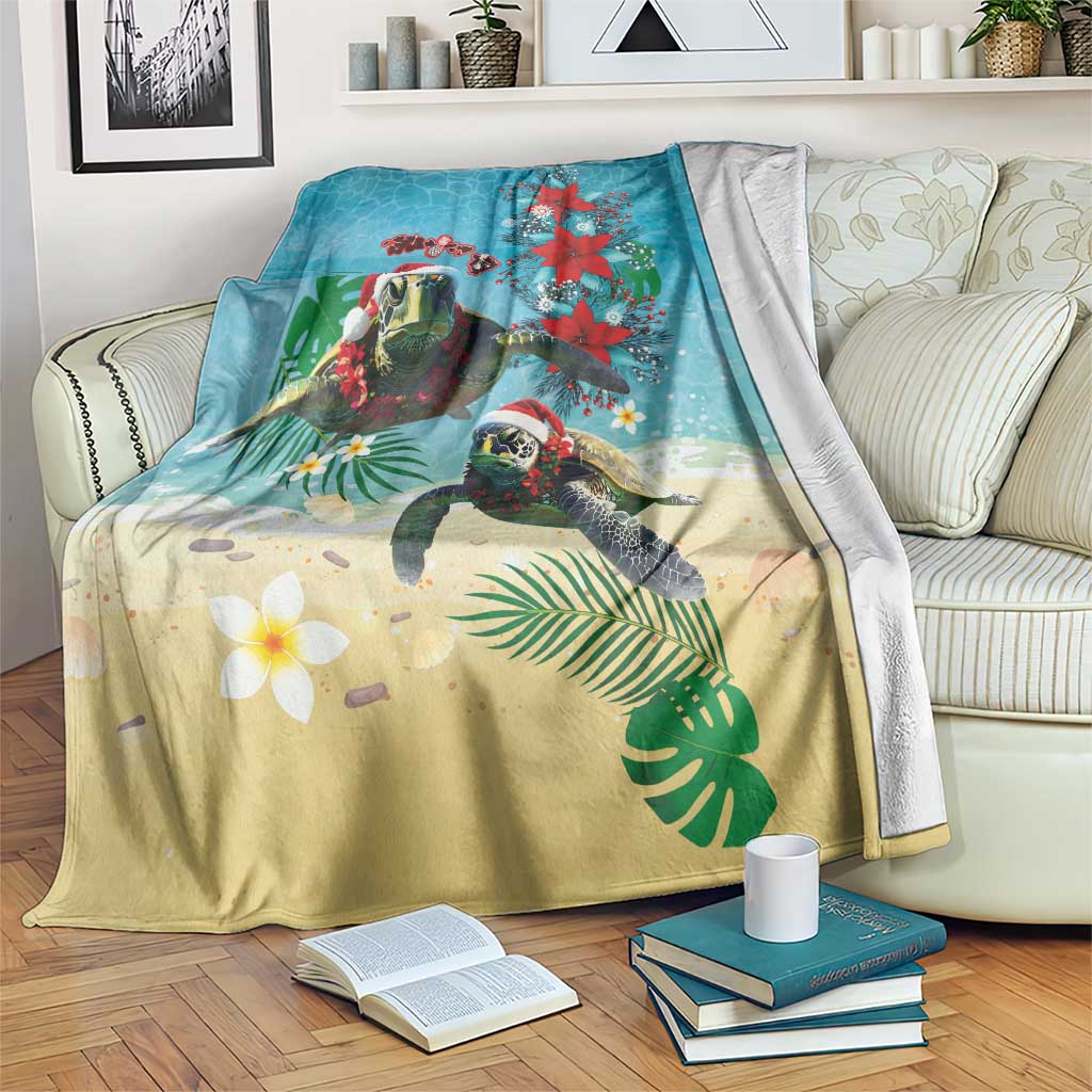 Hawaiian Mele Kalikimaka Blanket Tropical Xmas Turtles Red Poinsettia Watercolor LT03 Multicolor - Polynesian Pride