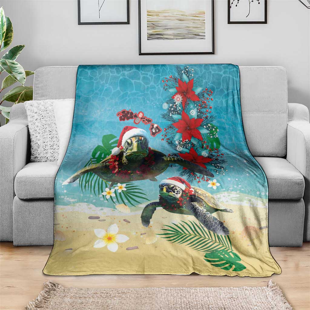 Hawaiian Mele Kalikimaka Blanket Tropical Xmas Turtles Red Poinsettia Watercolor LT03 - Polynesian Pride