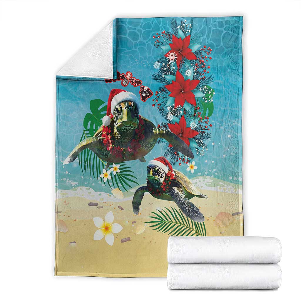 Hawaiian Mele Kalikimaka Blanket Tropical Xmas Turtles Red Poinsettia Watercolor LT03 - Polynesian Pride