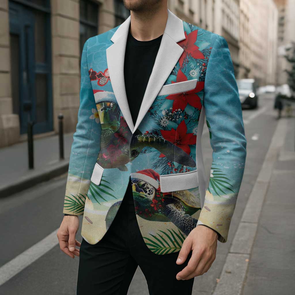 Hawaiian Mele Kalikimaka Blazer Tropical Xmas Turtles Red Poinsettia Watercolor LT03 - Polynesian Pride