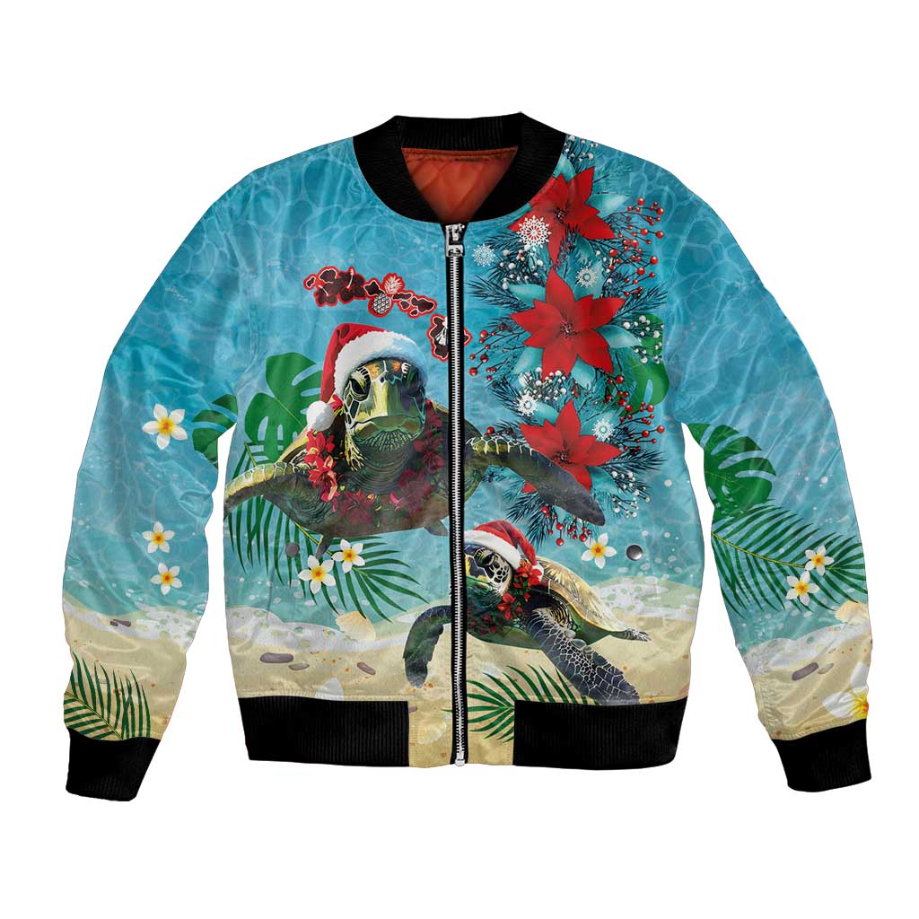 Hawaiian Mele Kalikimaka Bomber Jacket Tropical Xmas Turtles Red Poinsettia Watercolor LT03 Unisex Multicolor - Polynesian Pride