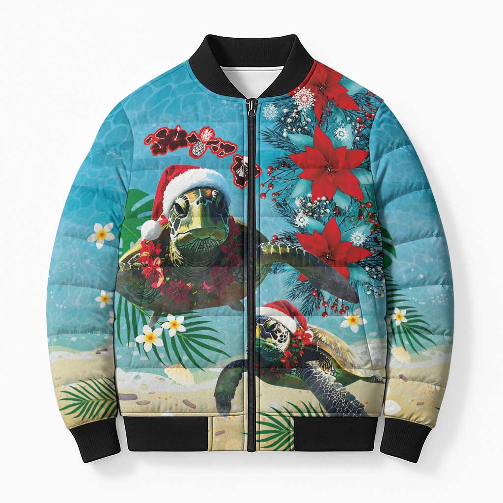 Hawaiian Mele Kalikimaka Bomber Puffer Jacket Tropical Xmas Turtles Red Poinsettia Watercolor LT03 Unisex Multicolor - Polynesian Pride