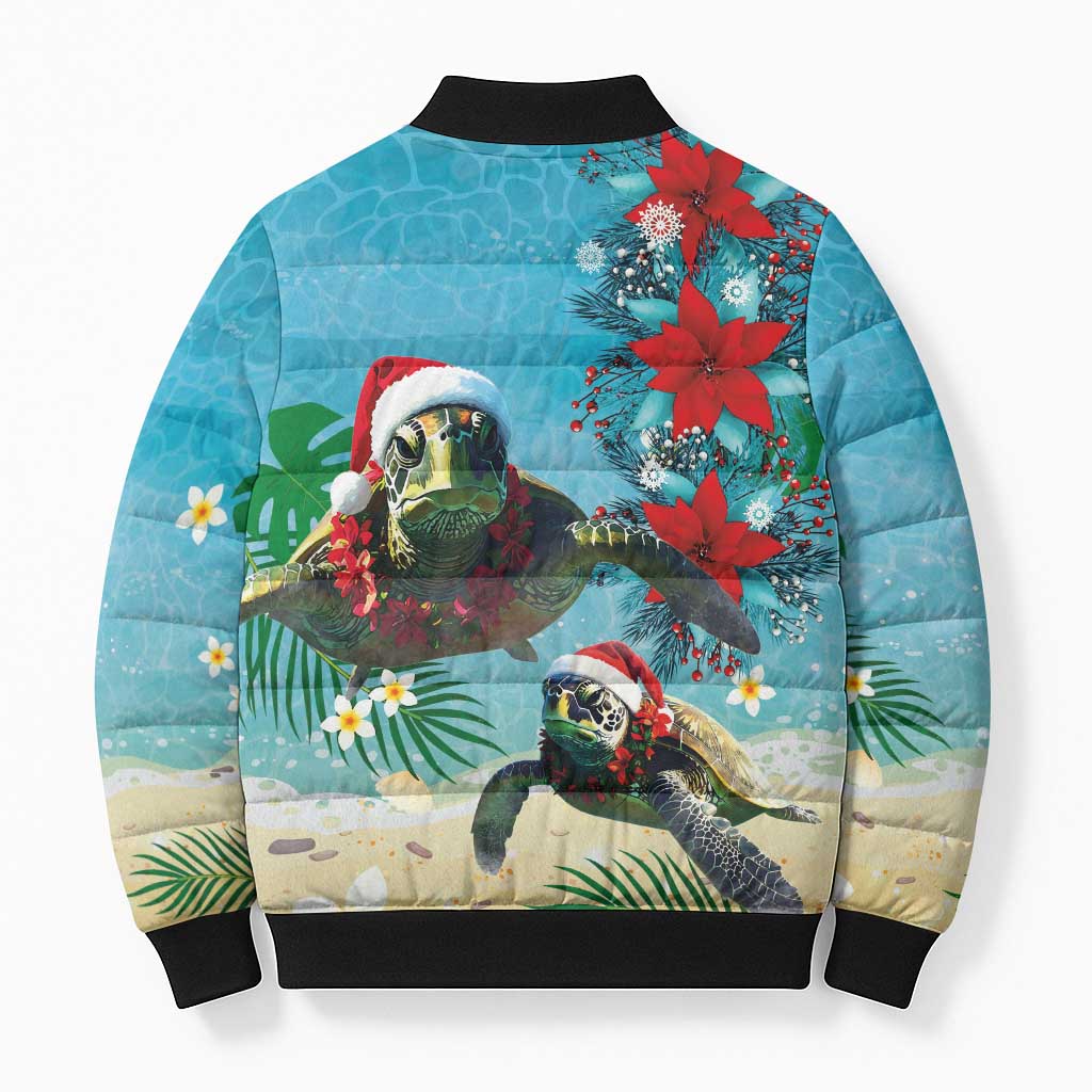 Hawaiian Mele Kalikimaka Bomber Puffer Jacket Tropical Xmas Turtles Red Poinsettia Watercolor LT03 - Polynesian Pride