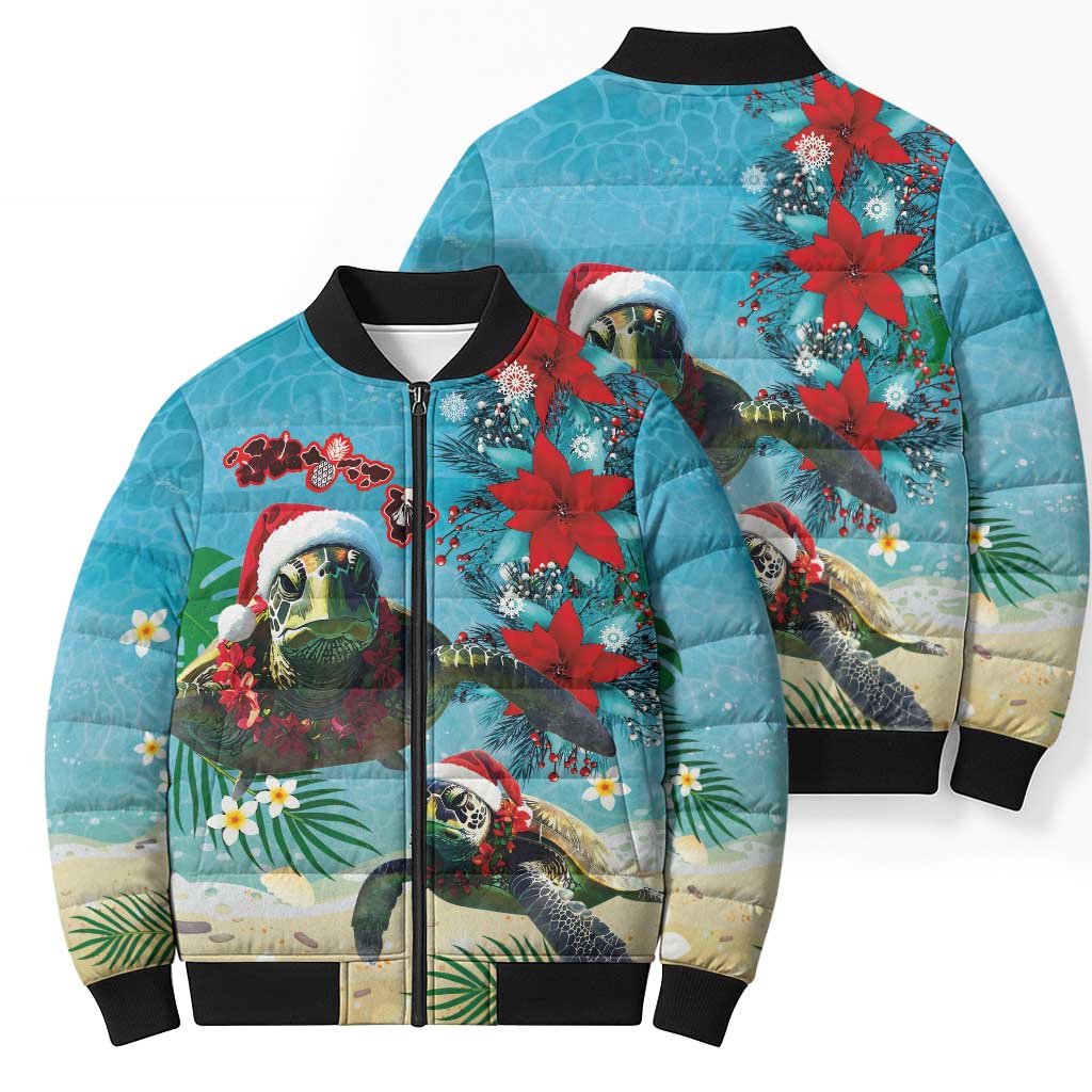 Hawaiian Mele Kalikimaka Bomber Puffer Jacket Tropical Xmas Turtles Red Poinsettia Watercolor LT03 - Polynesian Pride