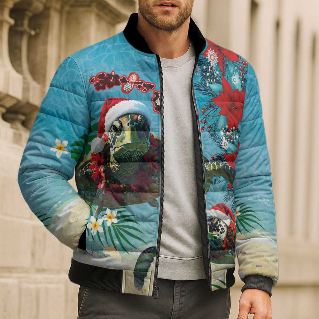 Hawaiian Mele Kalikimaka Bomber Puffer Jacket Tropical Xmas Turtles Red Poinsettia Watercolor LT03 - Polynesian Pride