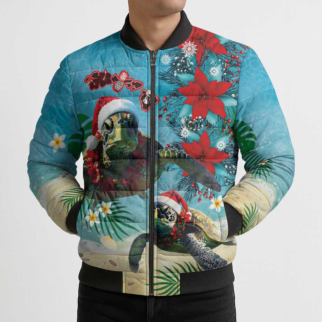 Hawaiian Mele Kalikimaka Bomber Puffer Jacket Tropical Xmas Turtles Red Poinsettia Watercolor LT03 - Polynesian Pride
