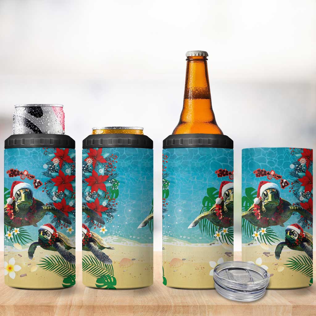 Hawaiian Mele Kalikimaka 4 in 1 Can Cooler Tumbler Tropical Xmas Turtles Red Poinsettia Watercolor LT03 - Polynesian Pride