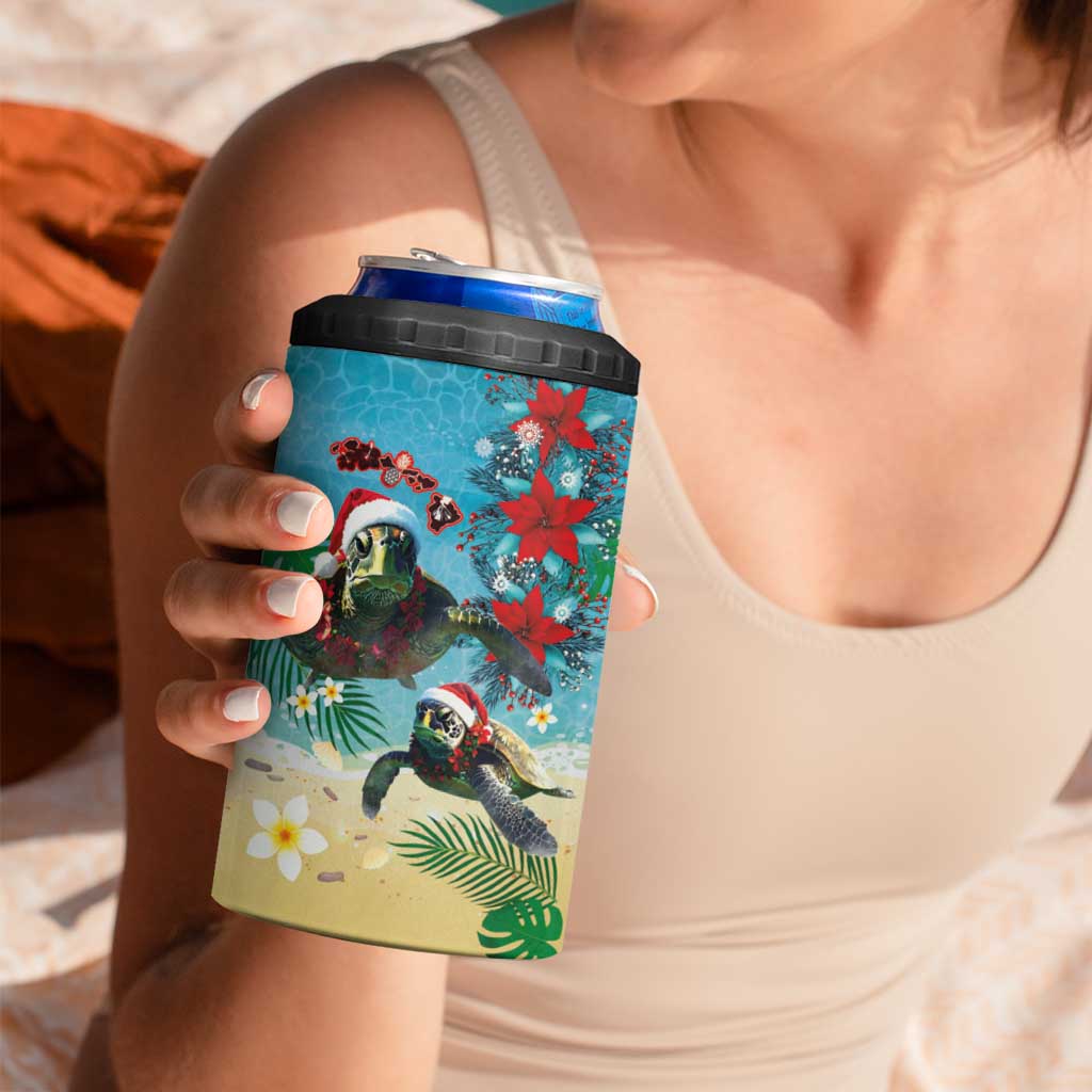 Hawaiian Mele Kalikimaka 4 in 1 Can Cooler Tumbler Tropical Xmas Turtles Red Poinsettia Watercolor LT03 - Polynesian Pride