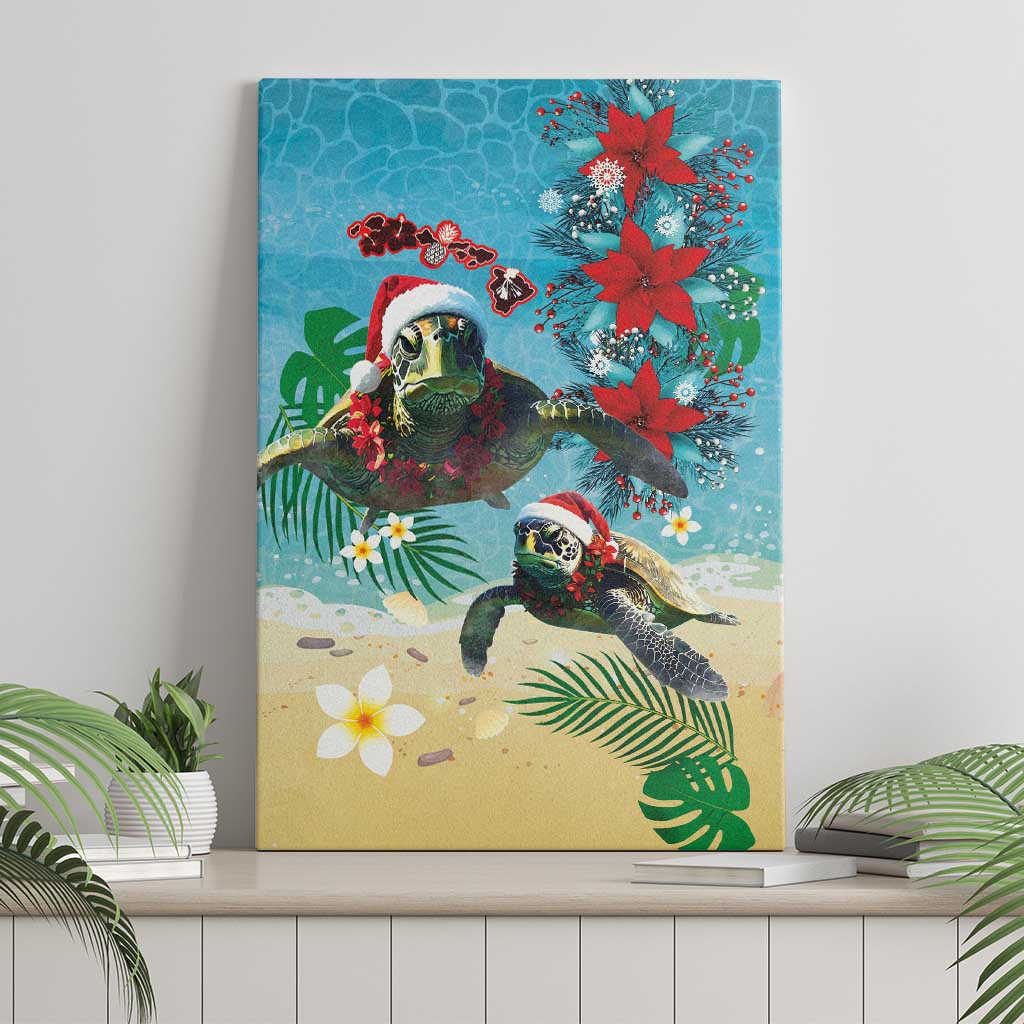 Hawaiian Mele Kalikimaka Canvas Wall Art Tropical Xmas Turtles Red Poinsettia Watercolor LT03 - Polynesian Pride
