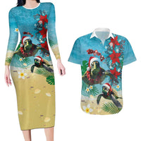 Hawaiian Mele Kalikimaka Couples Matching Long Sleeve Bodycon Dress and Hawaiian Shirt Tropical Xmas Turtles Red Poinsettia Watercolor LT03 Multicolor - Polynesian Pride